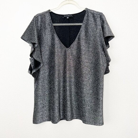 Eloquii Womens 22 24 Metallic Sparkly Flutter Sleeve V-Neck Blouse - Picture 1 of 8